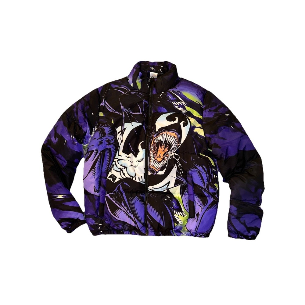 Marvel Venom Mens M Puffer Jacket Black Purple Graphic Streetwear Spider verse
